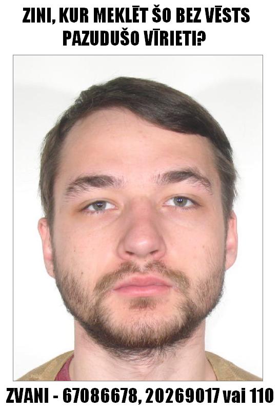 Valsts policija lūdz palīdzību bezvēsts pazuduša vīrieša meklēšanā