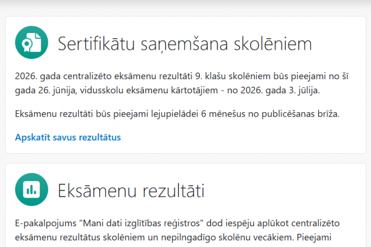 Turpinās pamatizglītības centralizēto eksāmenu sertifikātu iegūšana portālos <i>eksameni.gov.lv</i> un <i>latvija.lv</i>